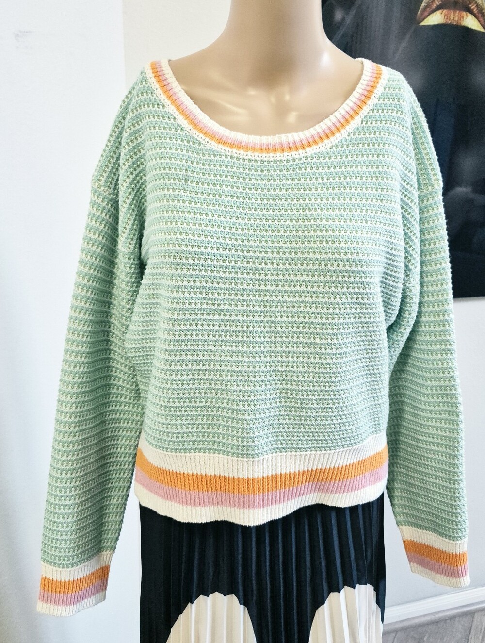 Mint Green Short-Sleeve Knit Sweater with Striped Neckline Size Medium.